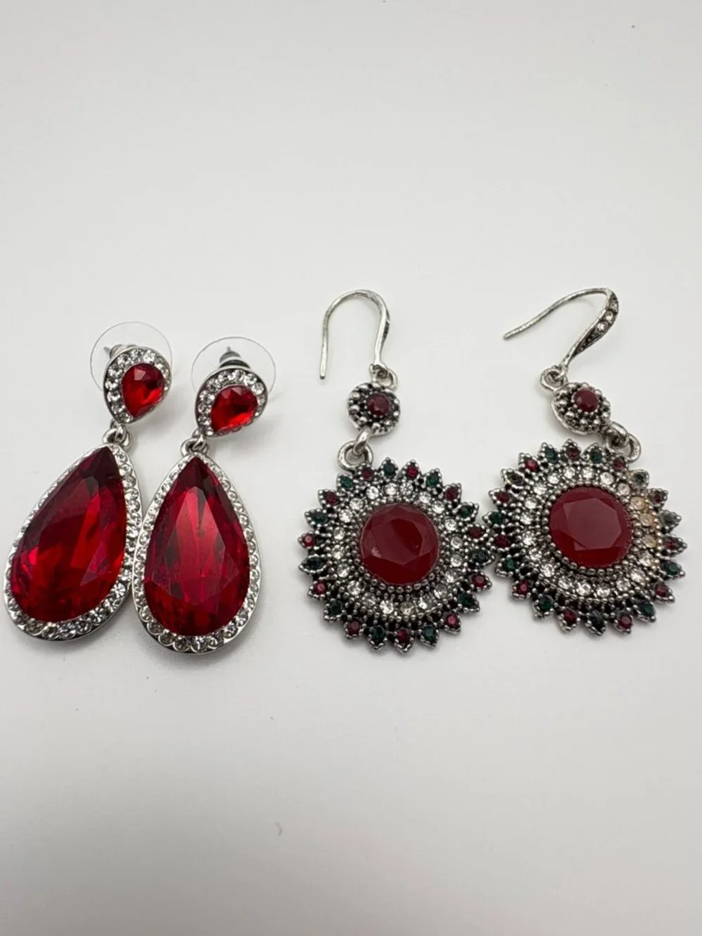 Lot of 2 Red Rhinestone Dangle Earrings Teardrop & Antique Style Mandala Drops